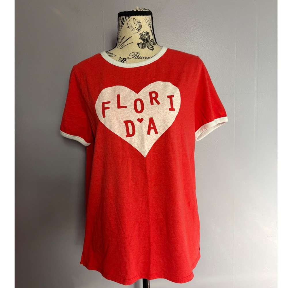 Home Free Florida Heart Ringer T-Shirt Red White Women Size Short Sleeve Medium